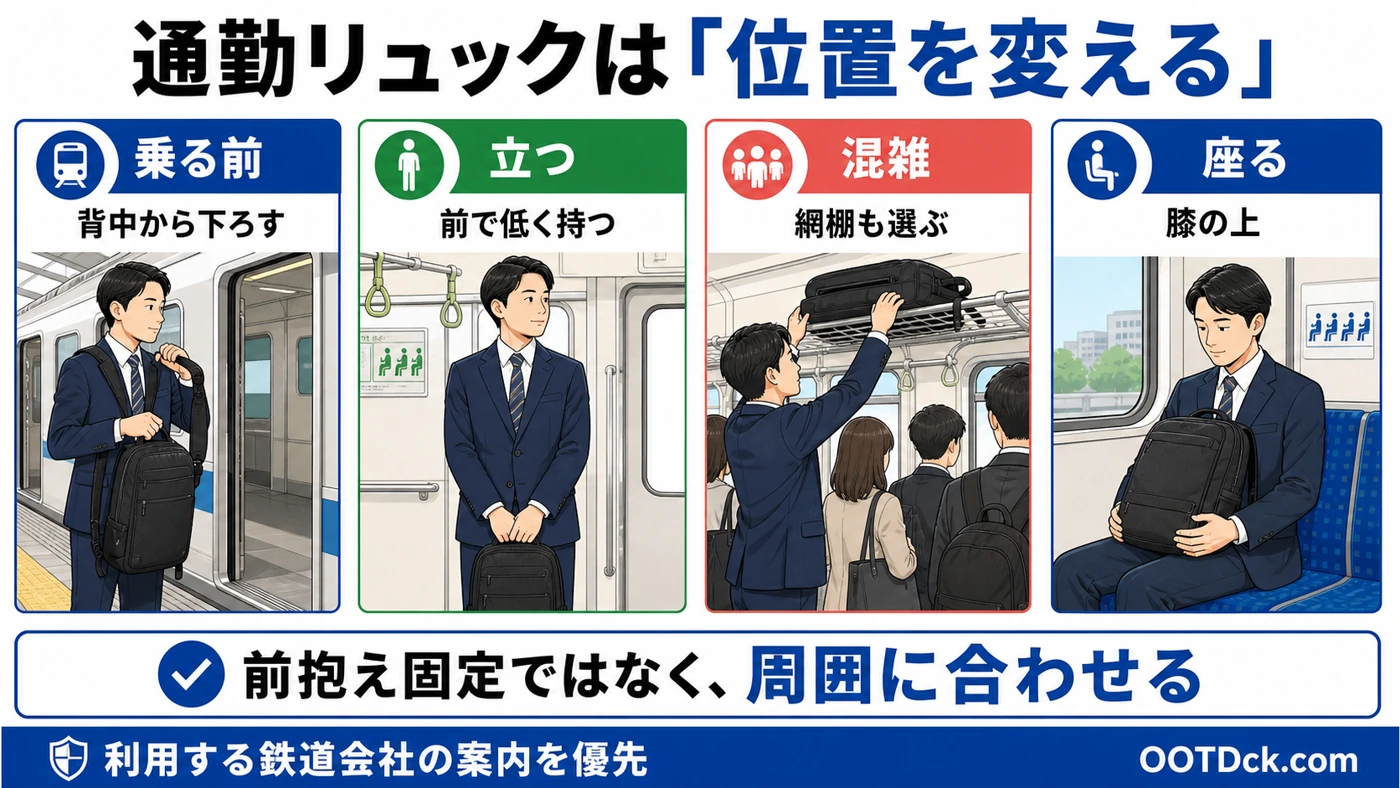 乗車前は背中から下ろし、立つ時は前で低く持ち、混雑時は網棚、座る時は膝上へ移す通勤リュックの図解