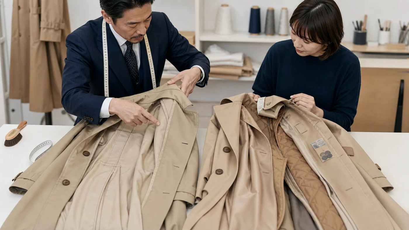 日本の洋服修理工房で、裏地なしの軽量トレンチと、総裏地・着脱ライナー・内側の見返し・予備ボタンを持つトレンチを開き、仕立てと表示を比較する様子