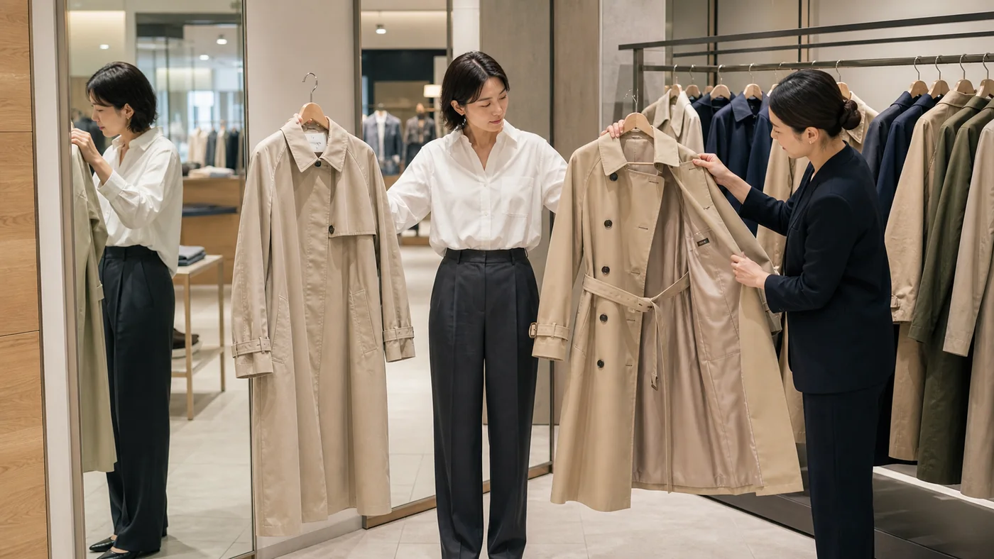 日本の衣料店で、白シャツとチャコールパンツの女性が、軽く簡素なベージュのトレンチコートと、総裏地で立体的な襟を持つベージュのトレンチコートを店員と比較する様子