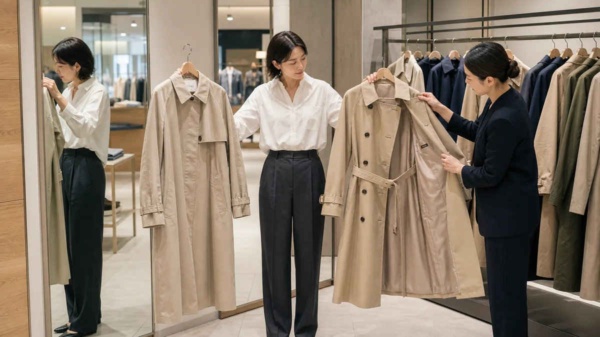 日本の衣料店で、白シャツとチャコールパンツの女性が、軽く簡素なベージュのトレンチコートと、総裏地で立体的な襟を持つベージュのトレンチコートを店員と比較する様子