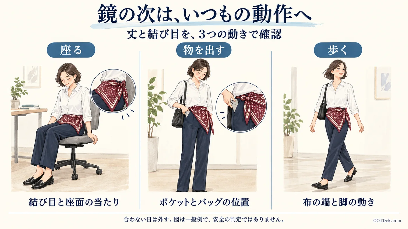 腰巻きスカーフを着けて椅子に座る、ポケットを使う、靴を履いて歩く三つの動作で、結び目と布の端の位置を確認する例