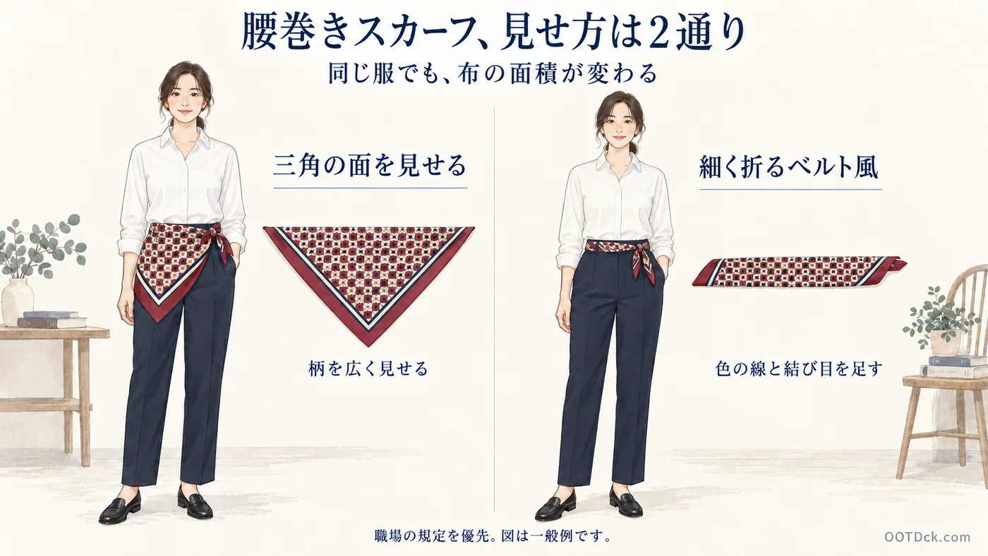 同じ無地のシャツとパンツに、三角に広げた腰巻きスカーフと細く折ったベルト風スカーフを合わせ、面積と結び目を比べる例