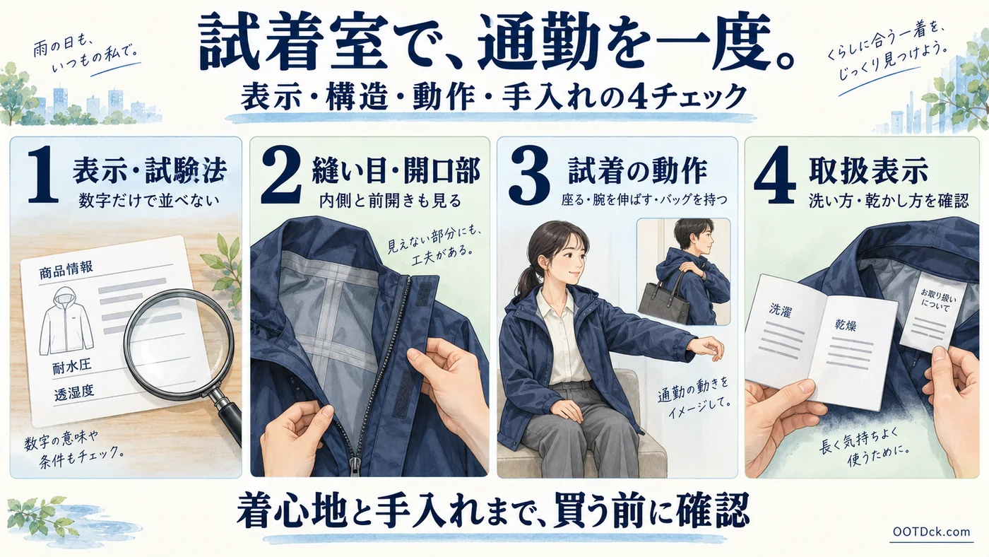 秋の通勤アウターを選ぶときの、表示と試験法、縫い目と開口部、試着の動作、取扱表示という四つの確認項目を示した図