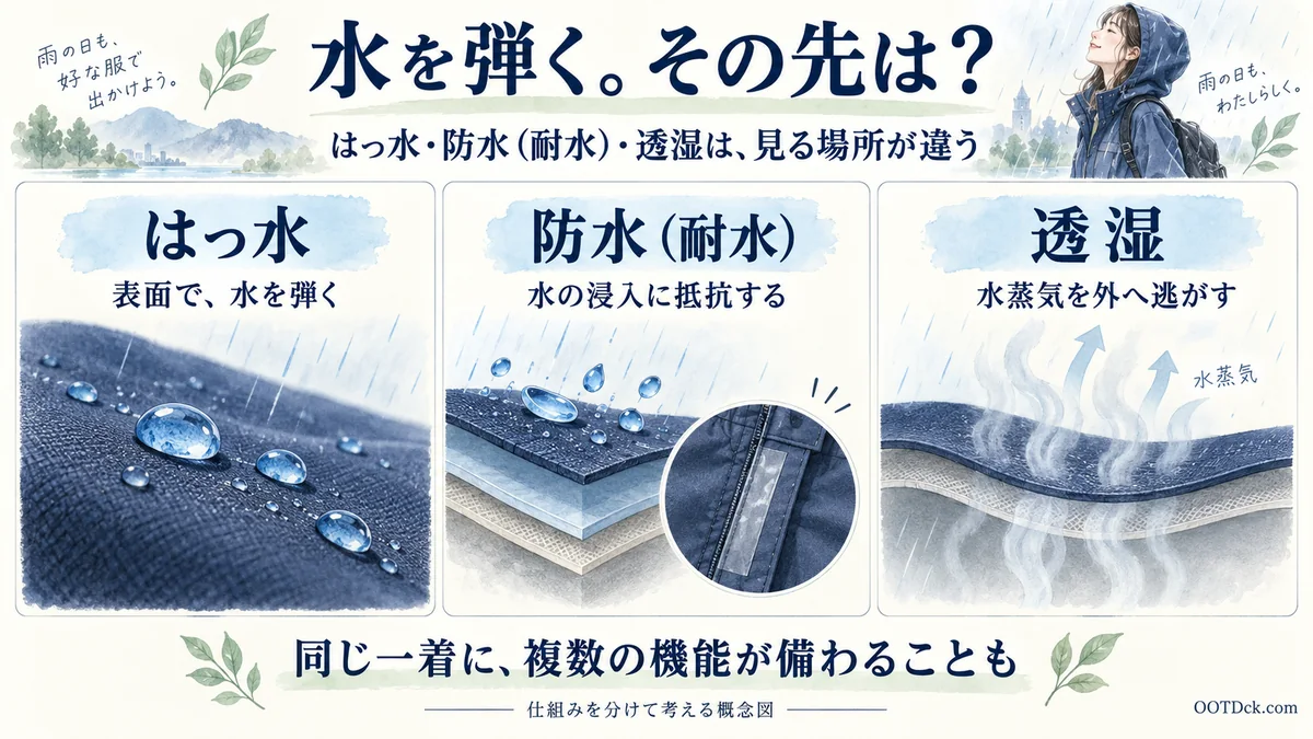 はっ水・防水（耐水）・透湿の三つの役割を示した編集部の概念図