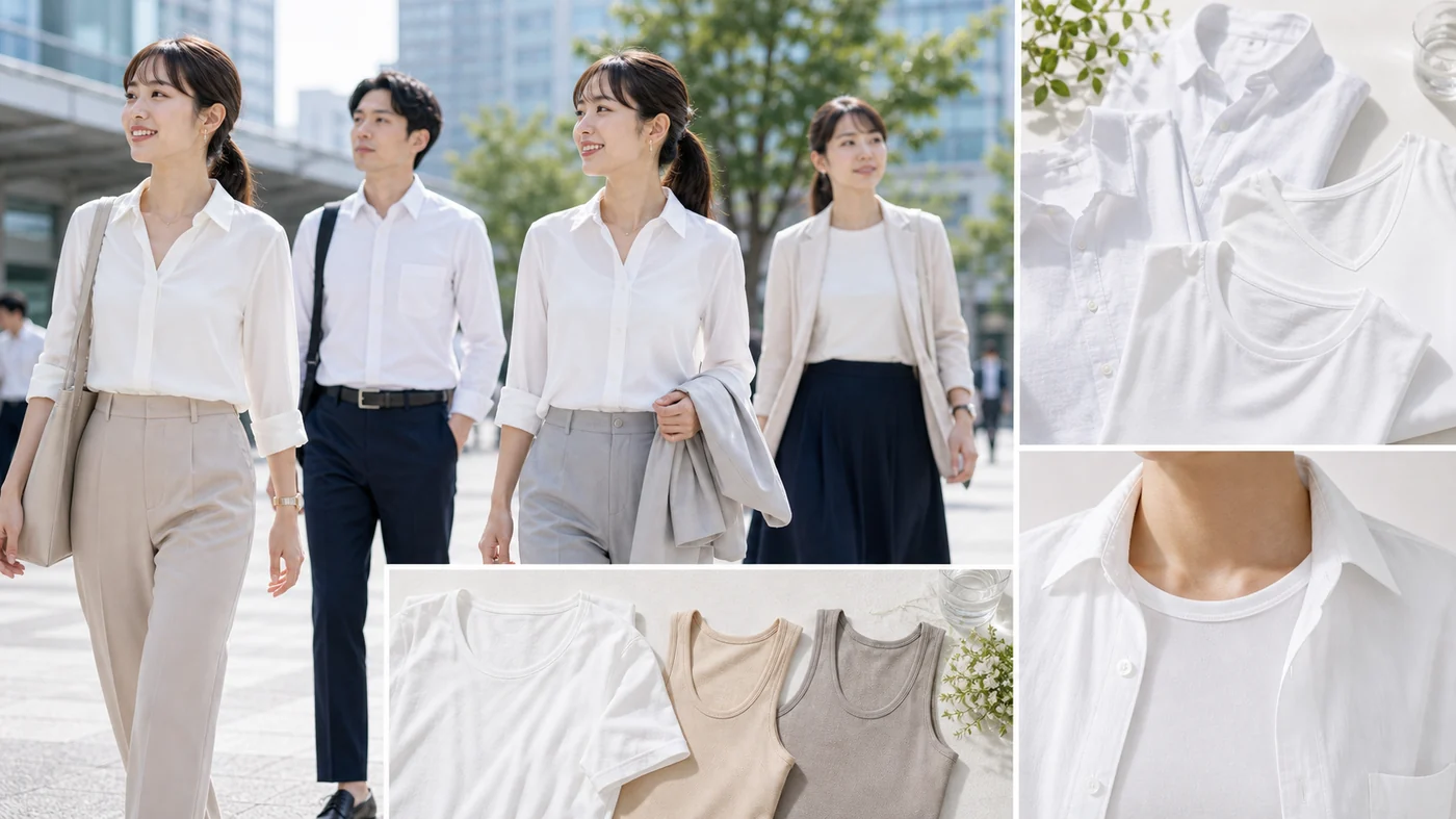 夏の通勤で白シャツと白Tシャツを着る男女と、ベージュやグレーの透けにくいインナーを比較するイメージ