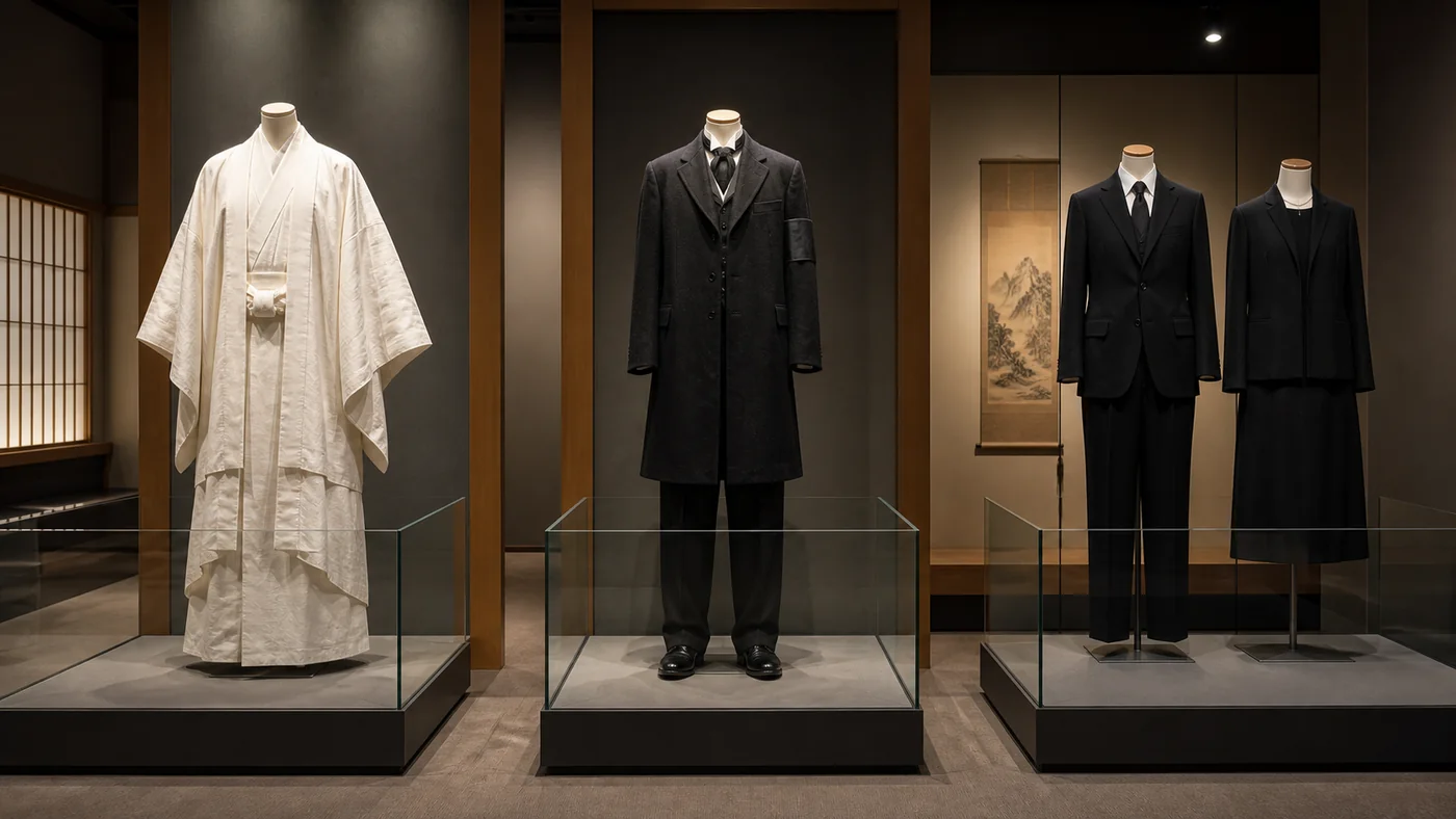 白い近世風喪服、明治期を想起させる黒い洋礼服、現代の黒いスーツとワンピースを並べた服装史展示イメージ