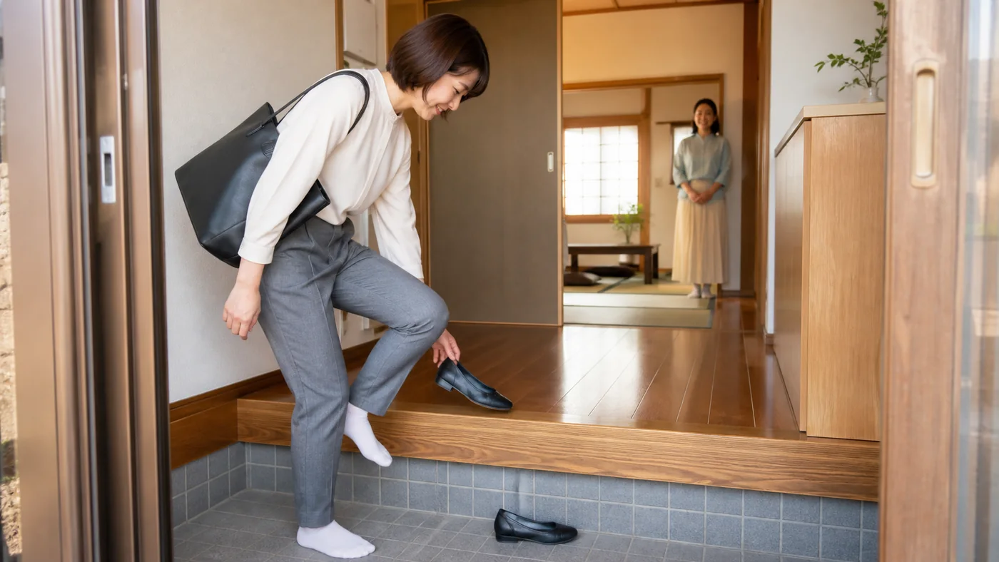日本の住宅の玄関で低いタイル床に外靴を残し清潔な靴下で上がり框へ上がる女性客