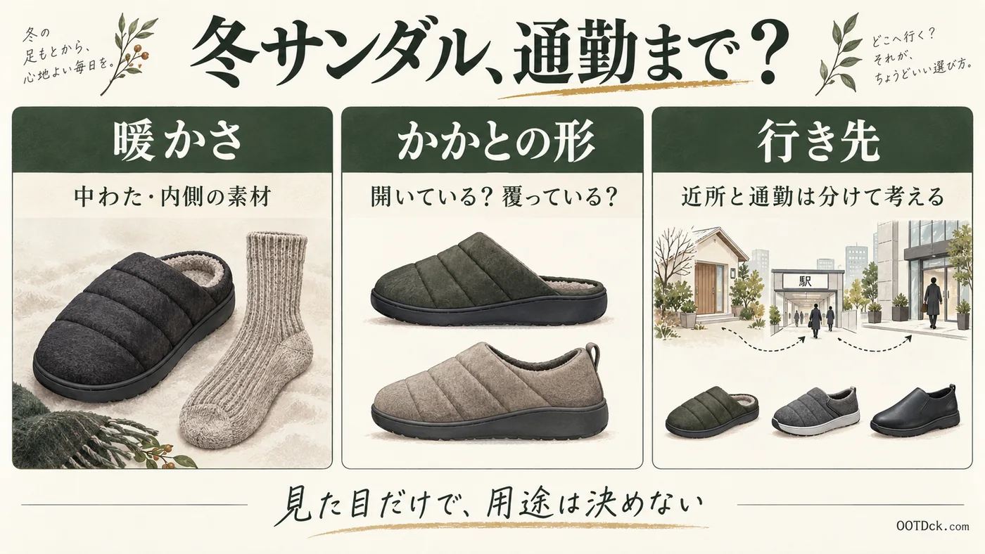 冬サンダルの暖かさ、開いたかかとと覆うかかとの形、家から駅と職場までの行き先を分けて見る編集部の図